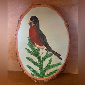 Hand Painted Robin Art on Wood Slice Vintage Bird with Acorn on Spruce Tree